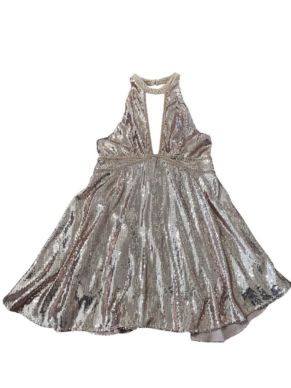😎 Free People Film Noir Rose Gold Sequin Velvet Trim Halter Mini Dress - Size 8 - Picture 11 of 16